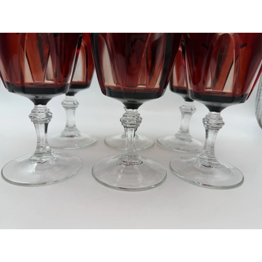 Set of 6 Cristal D'Arques Durand Gothic Wine Glasses Ruby Red Cut To Clear 1970s